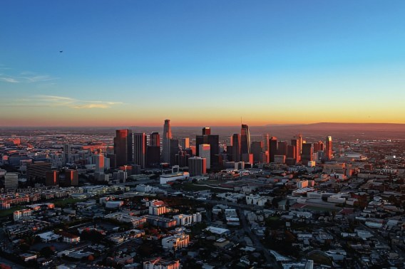Downtown Los Angeles, California skyline at sunset
